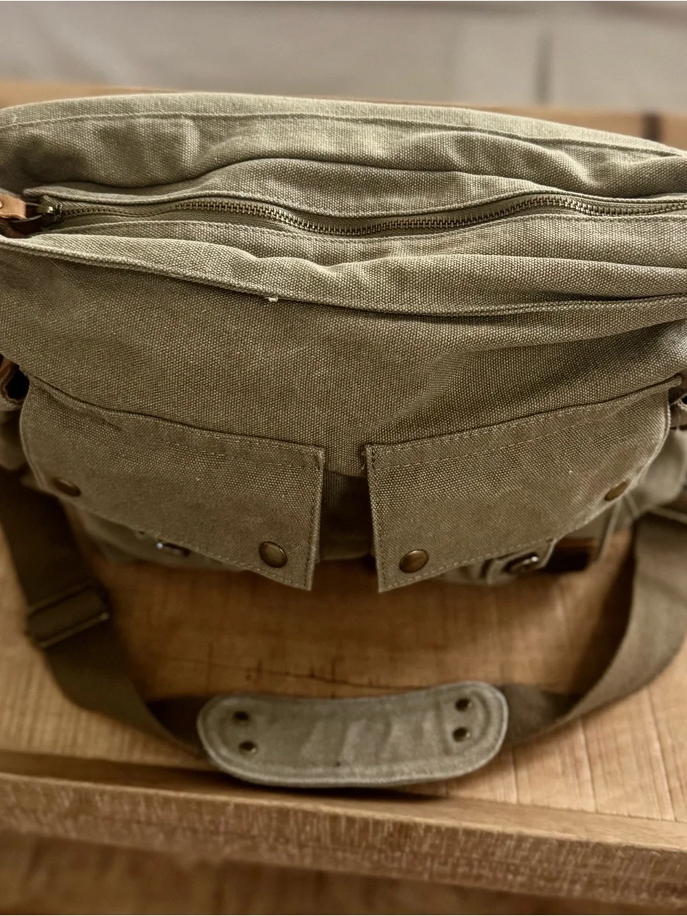 New Canvas Messenger Bag with Leather Straps - Olive army green khaki unisex